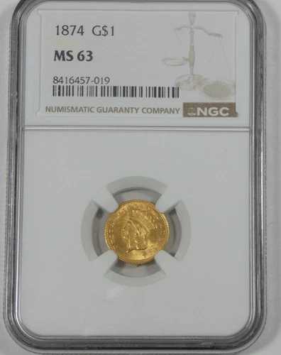 1874年製インディアン・プリンセス・ヘッド Ty-3 ゴールド 1ドル NGC MS 63認定 185,900円
