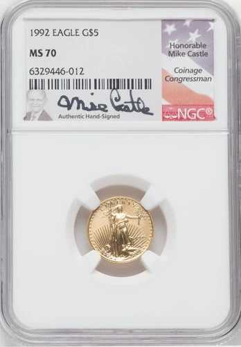 1992年 5ドル 10分の1オンス 金イーグル NGC MS70 マイク・キャッスル|WORLD RESOURCE【QUEEN店】