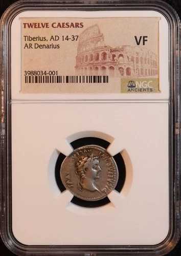 ローマ帝国 ティベリウス デナリウス銀貨 (紀元18-35年) -NGC VF! 聖書貢物 ペニー
