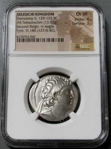 紀元前129-125年 セレウコス朝デメトリオス2世 テトラドラクマ銀貨 NGCチョイス 非常に良好な状態