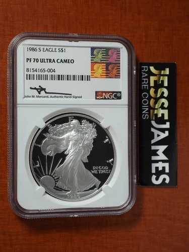 1986 S プルーフ シルバー イーグル NGC PF70 ウルトラ カメオ ジョン マーカンティ サイン入り アート ラベル!