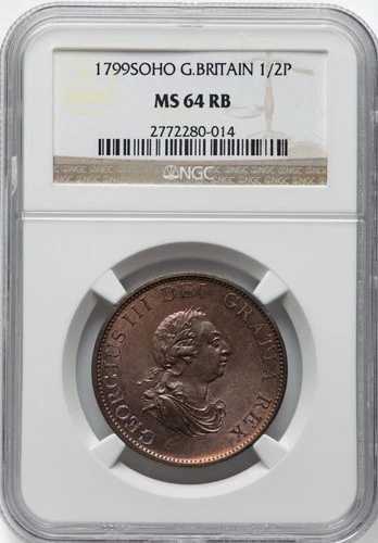 1799年 - ジョージ3世 - ハーフペニー - NGC MS64 RB - 輝く赤い光沢! 素晴らしい!