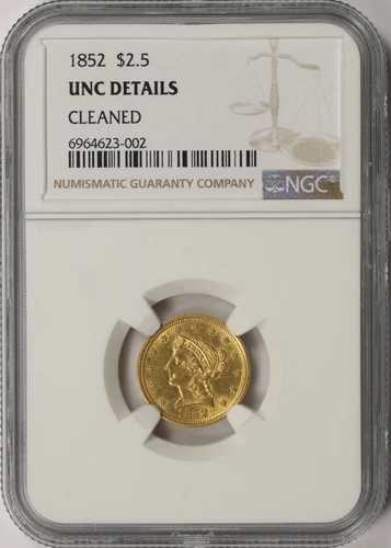 1852年 2.5ドル ゴールド リバティヘッド NGC UNC 詳細 - クリーニング済み