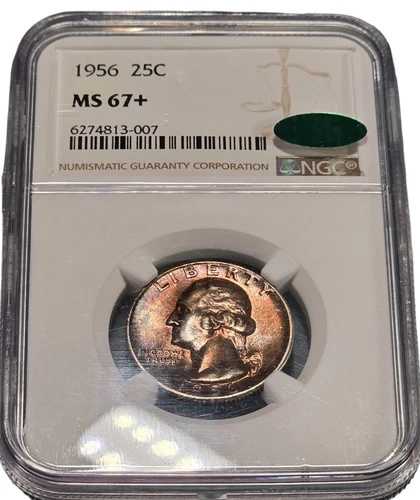 1956年 P ワシントン クォーター 25セント NGC MS67+ CAC プラスグレード レインボートーン PQ $1350 PG