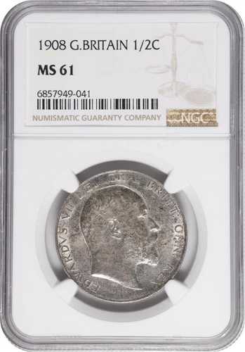 イギリス エドワード7世 1908年 ハーフクラウンコイン 未流通 NGC認定 MS61