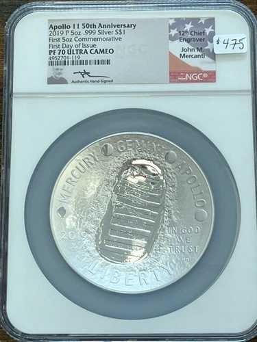 2019 NGC 5オンス 米国造幣局 999 シルバーコイン アポロ11号 50周年記念 PF70 メルカンティ サイン入り