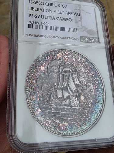 チリ 10ペソ 1968年 ソ、NGC PF67、解放艦隊到着 シルバー 美しいトーン｜WORLD RESOURCE【QUEEN店】