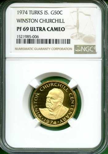 タークス・アイランド 1974年 ゴールド 50セント NGC PF 69 ウルトラカメオ ウィンストン・チャーチル