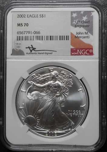 2002年 1ドル アメリカン シルバー イーグル NGC MS70 ジョン・マーカンティ 直筆サインラベル