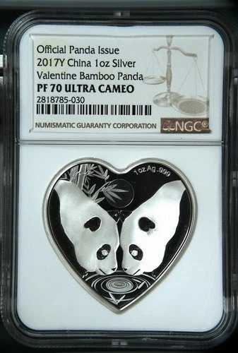 2017年 1オンス 中国製 シルバー バレンタイン バンブーパンダ 公式パンダ発行 NGC PF 70 ULT｜WORLD RESOURCE【QUEEN店】
