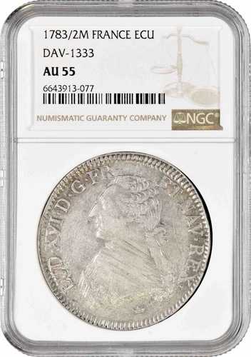 フランス 1 ECU 1783/2 M、NGC AU55、「ルイ16世（1774 - 1793）」ExcellentPop 1/1-
