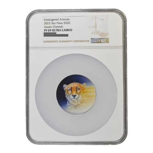 絶滅危惧動物 アジアチーター 3オンス 銀貨 2023年 NGC PF 69 ウルトラカメオ｜WORLD RESOURCE【QUEEN店】