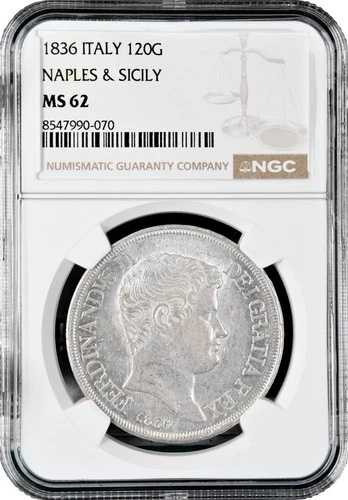 ナポリとシチリア 120 グラナ 1836年、NGC MS62、「フェルディナンド2世（1830 - 1859）」｜WORLD RESOURCE【QUEEN店】
