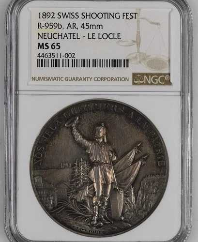 1892年 スイス 銀メダル ヌーシャテル ル・ロックル R-959b NGC MS65 トップポップ レア