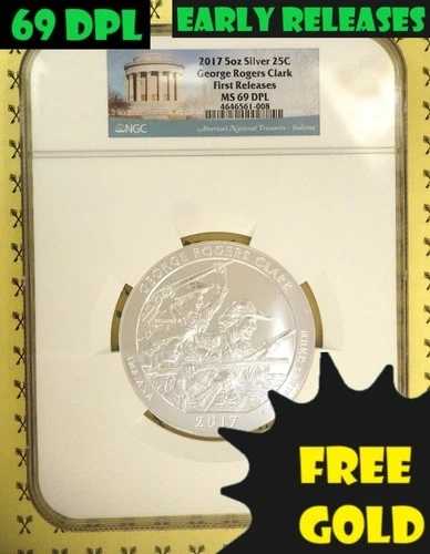 2017年 ジョージ・ロジャース・クラーク 5オンス シルバークォーター NGC MS 69 DPL FR ゴールド無料付*