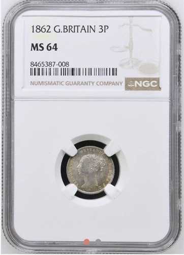 1862年 ヴィクトリア・スリーペンス 3ペンス銀貨 英国 NGC MS64