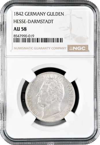 ヘッセン＝ダルムシュタット 1グルデン 1842年、NGC AU58、「ルートヴィヒ2世（1830-1848）」エクセレントポップ 1/0-