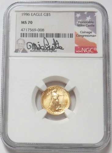 1986年 マイク・キャッスル サイン入り NGC MS 70 アメリカンイーグル 5ドルコイン 1/10オンス