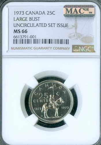 1973 年 大型胸像 カナダ 25 セント NGC MS66 PQ MAC スポットなし 希少。