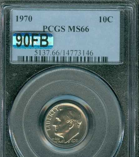 1970 年ルーズベルト ダイム PCGS MS66 MAC 90FB A $4500.00 コイン (FB で表示)。