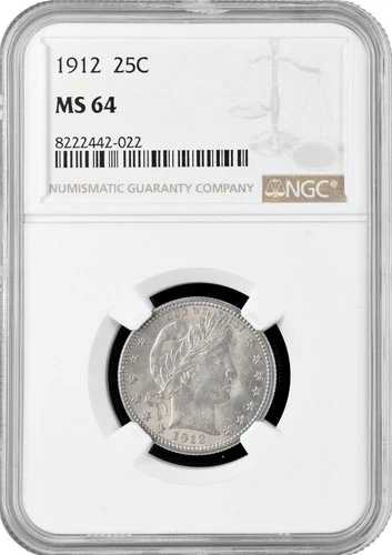 アメリカ 1/4ドル (25セント) 1912年 NGC MS64、「バーバークォーター」銀貨