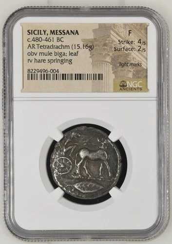 紀元前480-61年 シチリア島 メッサナ ラバ/ウサギ AR テトラドラクマ NGC 美品 4/5 2/5
