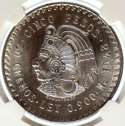 1948年 メキシコ アステカ族の酋長 クアウテモック イーグル オールド シルバー 5ペソ コイン NGC i99071