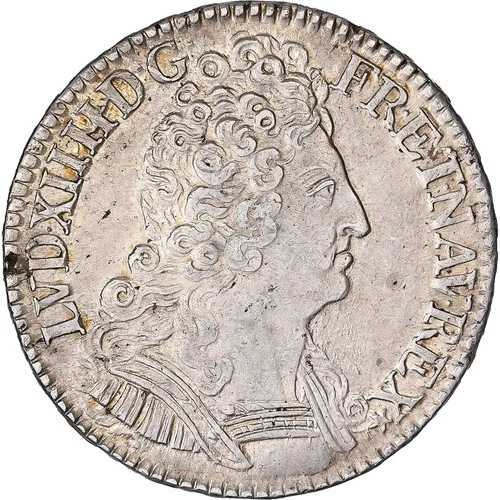 [#981528] フランス、ルイ 14 世、1/2 エキュ オ トロワ クロンヌ、1710 年、パリ、シルバー、A