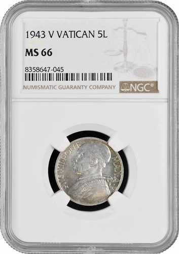 バチカン市国 5リラ 1943年 NGC MS66、「教皇ピウス12世（1939 - 1958）」銀貨