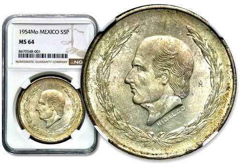 1954年メキシコ5ペソ銀貨 - NGC MS 64 CC987