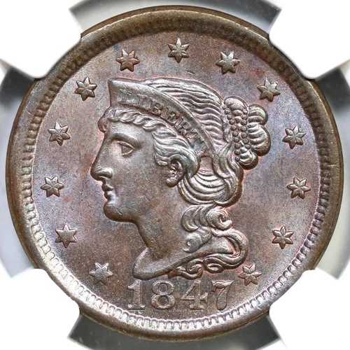 1847 N-19 R-1 NGC MS 63 BN 編み込みヘア ラージセントコイン 1セント