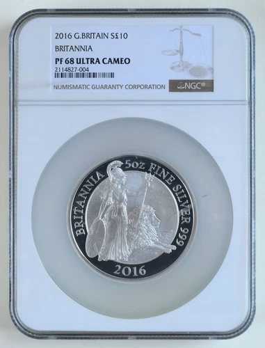 2016年 イギリス 10ポンド ブリタニア NGC PF 68 ウルトラカメオ 5オンス 銀貨 PF68UC