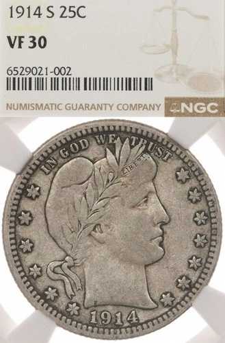1914-S 25C NGC VF30 バーバー シルバー クォーター - キーデート、オリジナル表面