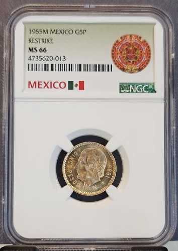 1955年 メキシコ ゴールド 5ペソ G5P イダルゴ NGC MS 66 輝く美しい宝石 BU