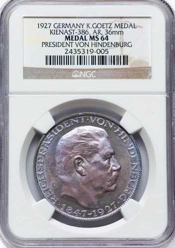 ドイツ - 1927 年 パウル・フォン・ヒンデンブルク銀メダル - NGC MS64 - 素晴らしいトーン! 178,200円