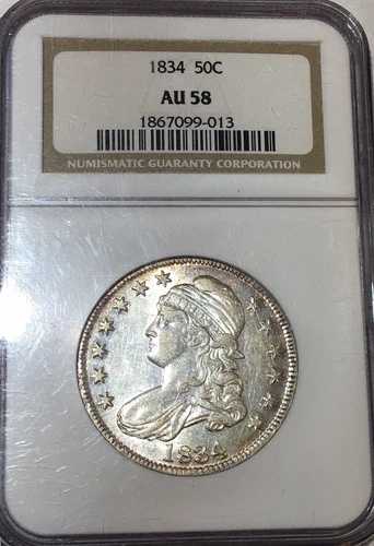 1834年フィラデルフィア造幣局製 銀製キャップドバストハーフドル NGC AU 58