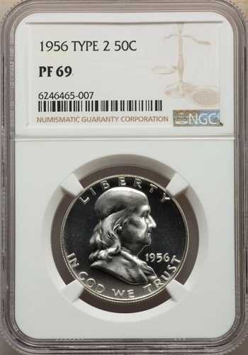 1956 タイプ 2 - プルーフ フランクリン ハーフ ダラー - NGC PF 69 - 明らかなカメオ コントラスト!