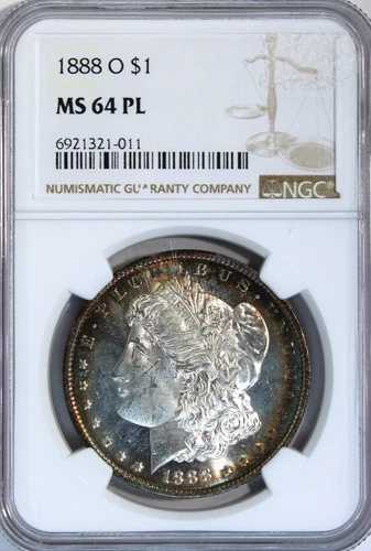 OBV/REV RIM TONING-1888-O $1 モーガンシルバー「プルーフライク」NGC MS64 PL