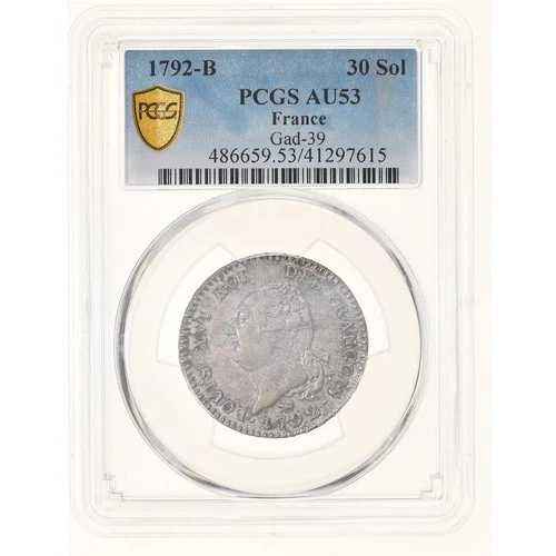 [#908306] コイン、フランス、30ソル・フランソワ、30ソル、1792年、ルーアン、PCGS、AU53、AU(5