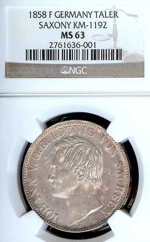 ドイツ諸州ザクセン 1858F ターラー貨幣 ターラー NGC MS63 VZ/F.STG VEREINSTHALER UNC