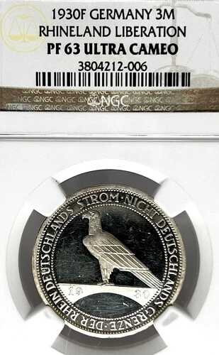 ドイツ、ワイマール共和国 1930年 F 3 マルク解放 NGC PF 63 UCAMEO PP/PROOF UNC