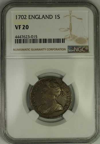 1702年 イングランド アン シルバー 1S シリング コイン NGC VF-20