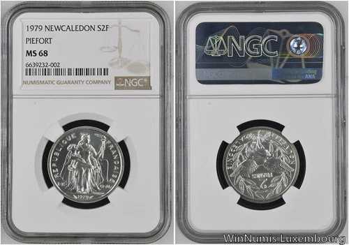 FF0145 希少 ニューカレドニア 2フラン ピエフォート・バゾール IEOM 1979年 アルジェント 250ex NGC MS68｜WORLD RESOURCE【QUEEN店】