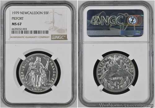FF0146 トップセカンド ファイネスト ニューカレドニア 5フラン ピエフォール 1979年 アルジェント 250ex NGC MS67｜WORLD RESOURCE【QUEEN店】