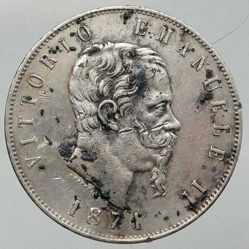 1871年 MbBN イタリア国王ヴィットーリオ・エマヌエーレ2世 大型銀貨 5リラ イタリア貨幣 i92691