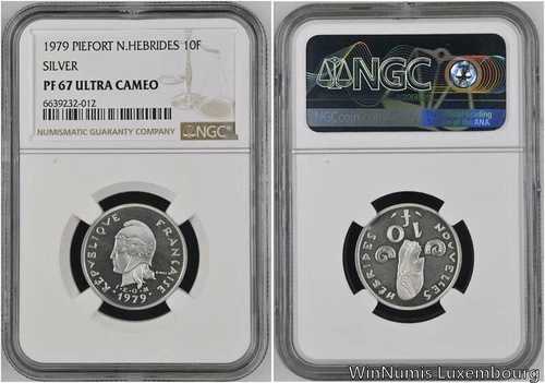 FF0155 希少 ニューヘブリディーズ諸島 10フラン ピエフォート 1979年 シルバー 250枚 NGC PF68 ウルトラカメオ｜WORLD RESOURCE【QUEEN店】