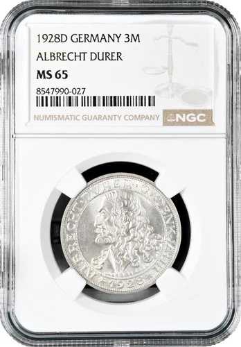 ワイマール共和国 3 ライヒスマルク 1928 年、NGC MS65、「アルブレヒト デューラーの死 400 周年」