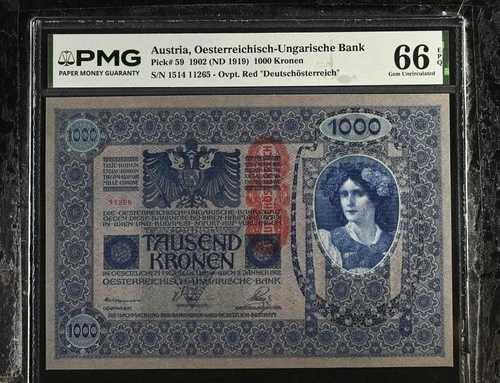 オーストリア 1000 クローネン 1902 ND 1919 P 59 ジェム UNC PMG 66 EPQ