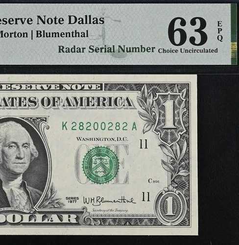 1977年 1ドル連邦準備銀行券 PMG 63EPQ - ファンシーレーダー シリアル番号 28200282 37,895円
