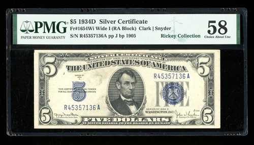 DBR 1934-D $5 シルバー Fr. 1654Wi ワイド I RA ブロック PMG 58 シリアル R45357136A 37,895円